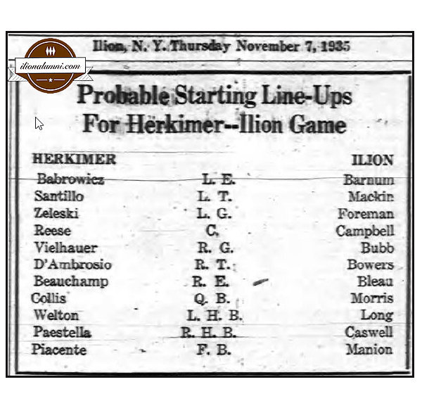 1935 Ilion-Herkimer Footbal Game Lineup