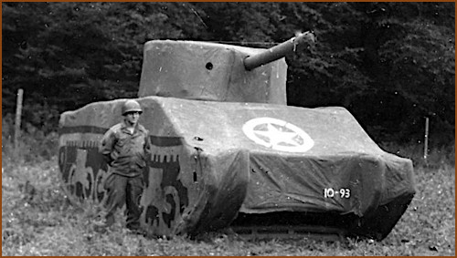 A Ghost Army soldier with an inflatable M4 Sherman Tank, September 1944, France. (National Archives)