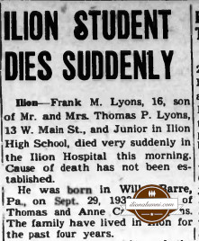 Herkimer Evening Telegram - Frank M. Lyons - Ilion Student Dies Suddenly - 1951