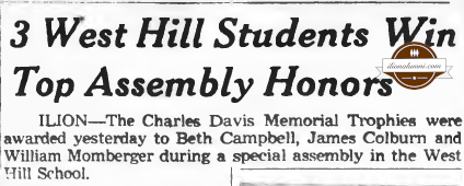 Herkimer Evening Telegram - 1967 - 3 West Hill Students Win Top Assembly Honors