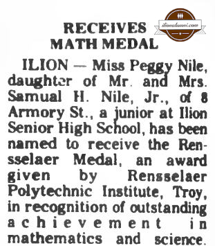 Herkimer Evening Telegram -Peggy Nile Receives Math Medal - Class of 1974