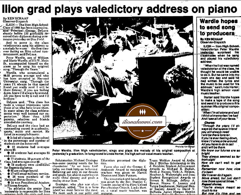 Utica Observer Dispatch - Ilion grad plays valedictory address on piano - 1988
